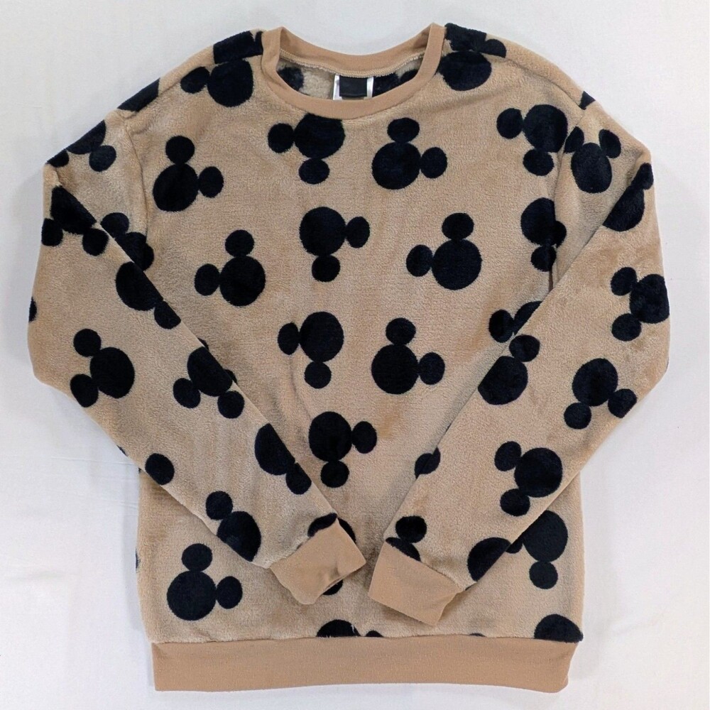 Disney Mickey Mouse Sweater Women XS Tan Black Graphic Pullover Crew Neck